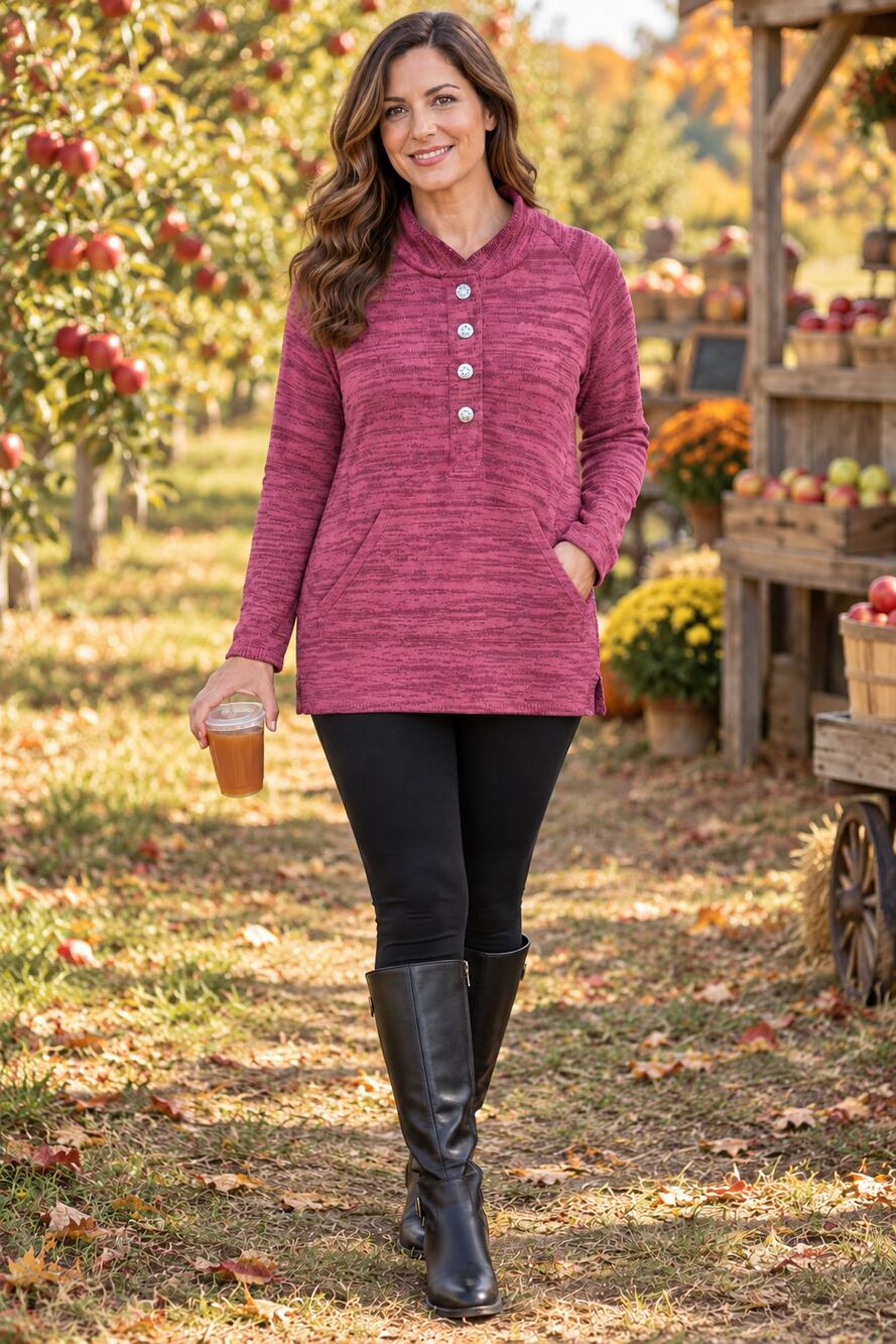 Territory Ahead Womens M Berry Marled Tunic Sweater Funnel Neck Kangaroo Pocket